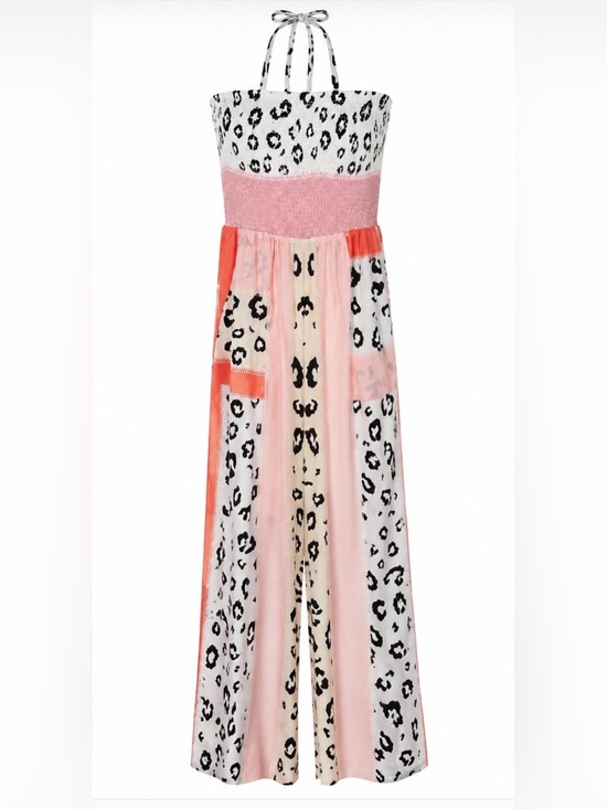 sundance boutique Pants - Pink Leopard Patchwork Strapless Jumpsuit